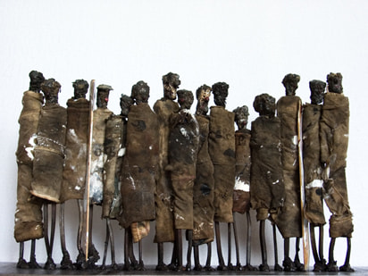 Mixed media metal sculpture ''Line-up V'', 22x65x17 cm - Johan P. Jonsson